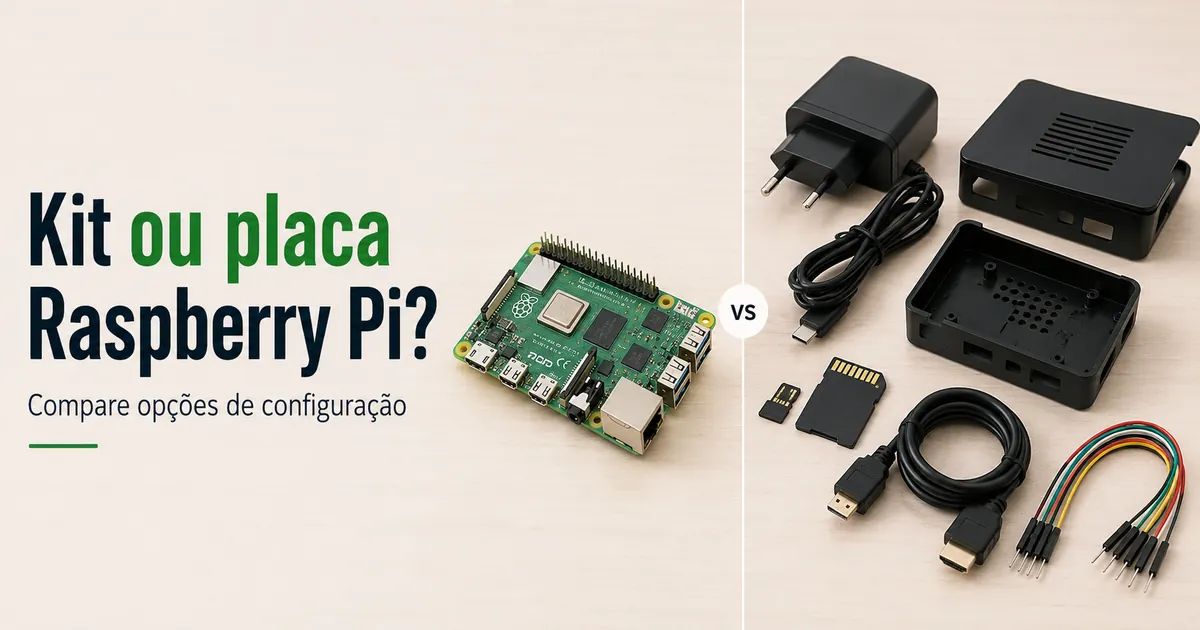 Placa Raspberry Pi ao lado de peças de um kit inicial para comparar opções de configuração