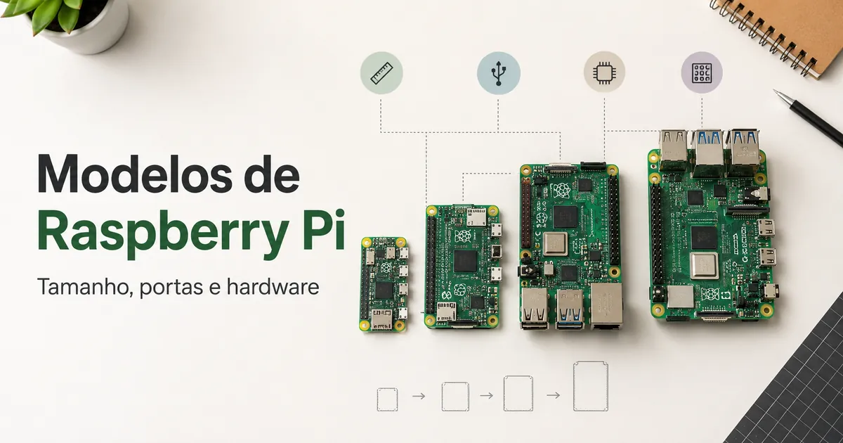 Placas Raspberry Pi comparadas por tamanho, portas e organização do hardware