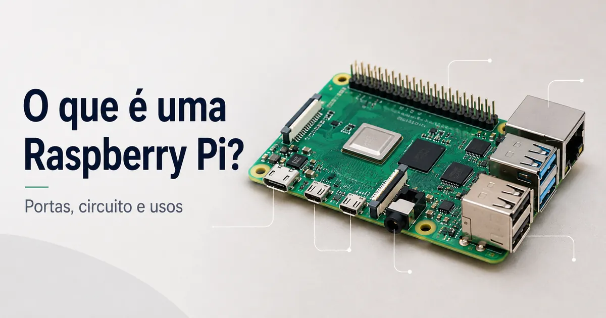 Computador de placa única Raspberry Pi mostrando as portas principais e o desenho do circuito