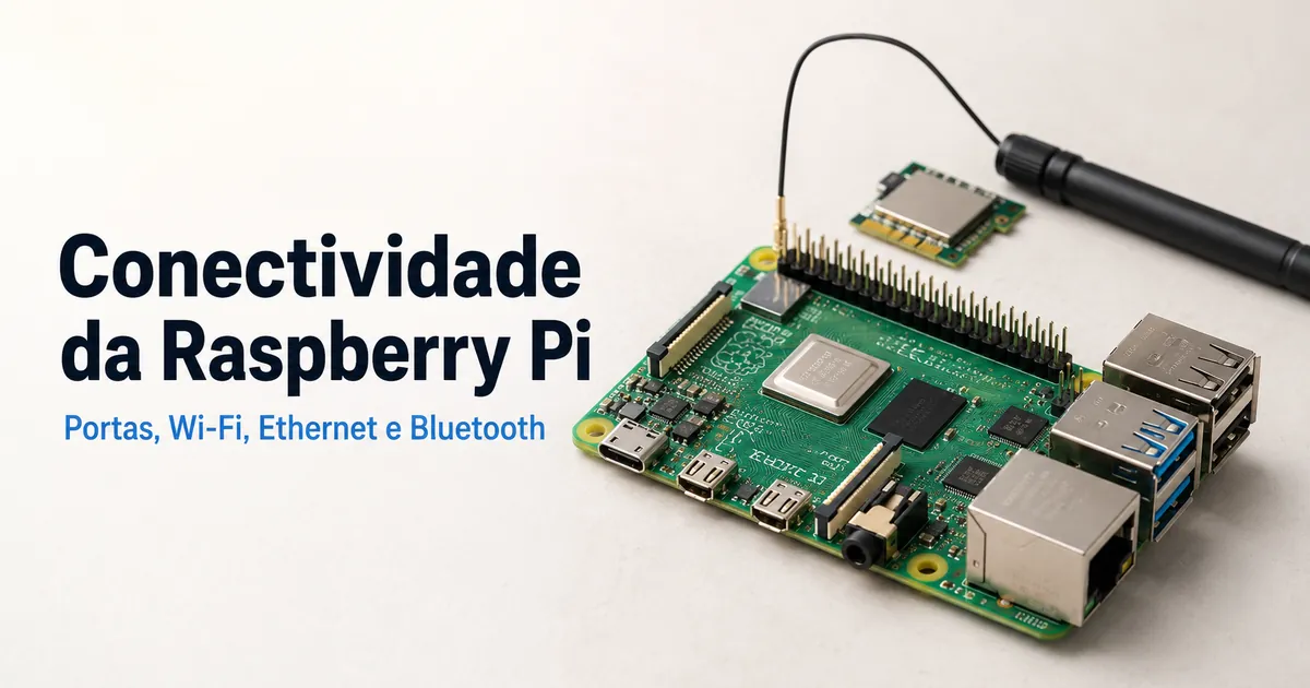 Portas da Raspberry Pi e conexões sem fio visíveis na placa