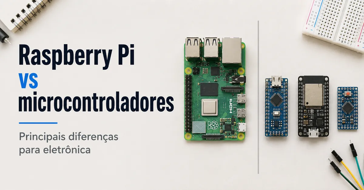 Placa Raspberry Pi comparada com placas microcontroladoras menores para projetos de eletrônica