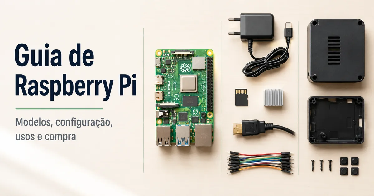 Placa Raspberry Pi com acessórios comuns de configuração organizados para comparação