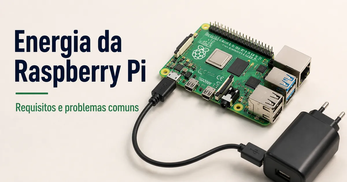 Raspberry Pi alimentada por uma fonte USB com cabo e conector visíveis