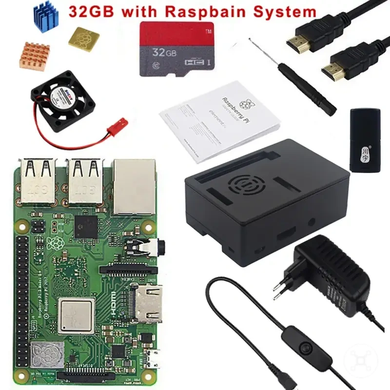 Kasa, fan, anahtar ve soğutuculu Raspberry Pi 3B Plus kiti