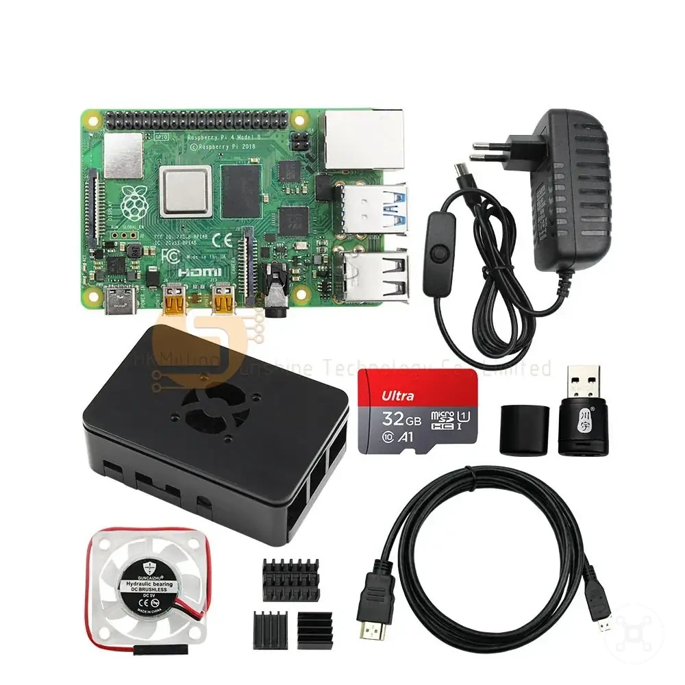 Kasa, fan, güç kaynağı ve HDMI kablolu Raspberry Pi 4 başlangıç kiti