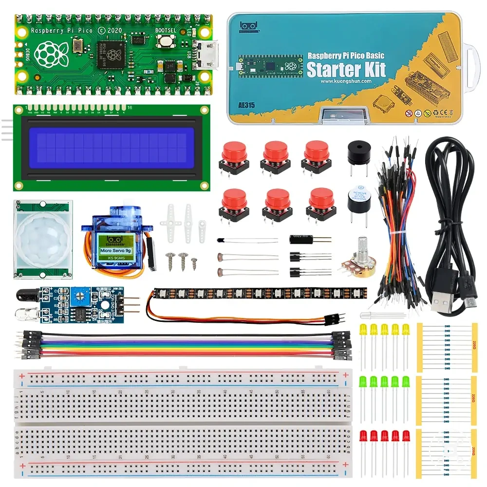 Breadboard ve LCD modülü olan Raspberry Pi Pico başlangıç kiti