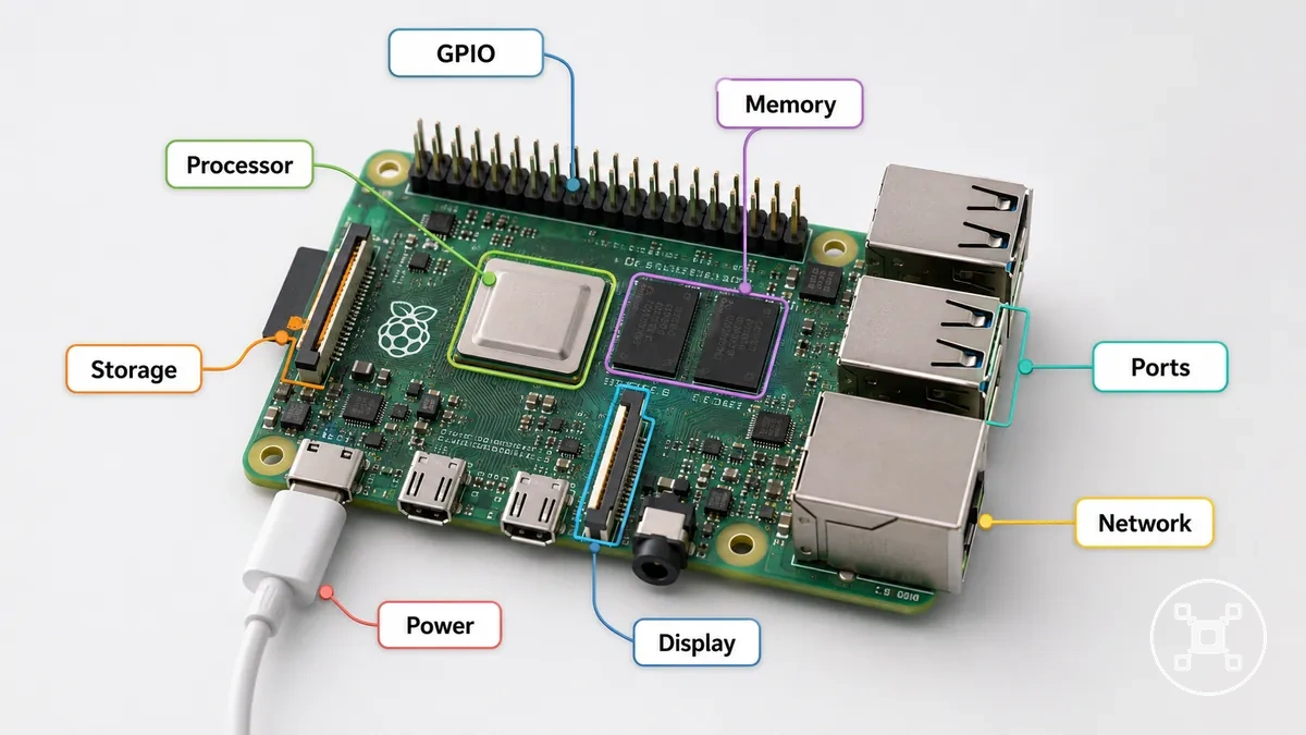 Ana parçalar, bağlantı noktaları, depolama alanı ve GPIO başlığı gösteren etiketlenmiş Raspberry Pi kartı