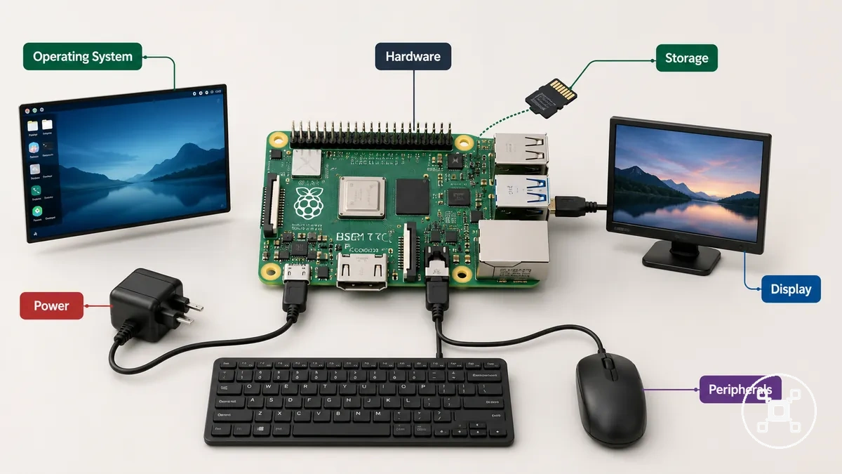 Küçük bir bilgisayar olarak güç kaynağına, depolamaya, ekrana ve giriş aygıtlarına bağlı Raspberry Pi