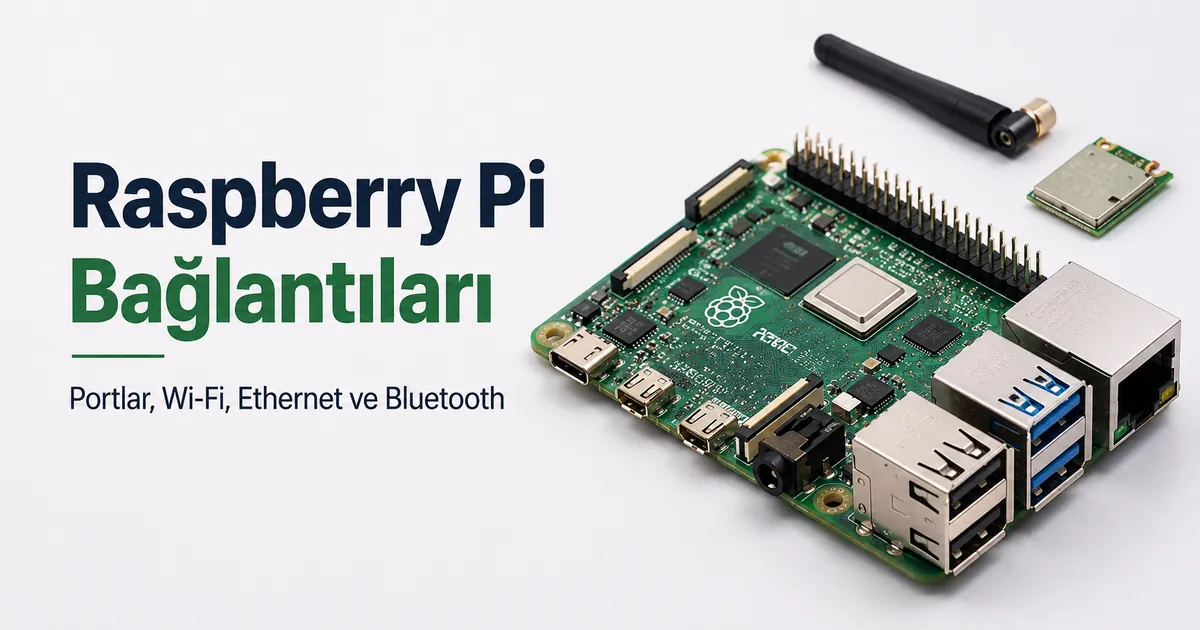 Kart üzerinde görünen Raspberry Pi portları ve kablosuz bağlantı parçaları