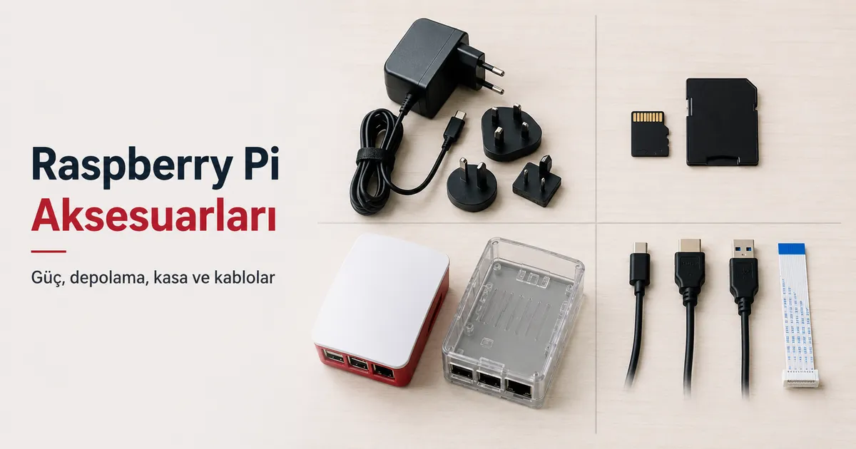 Güç adaptörü, depolama kartı, kasa ve kablolarla temel Raspberry Pi aksesuarları