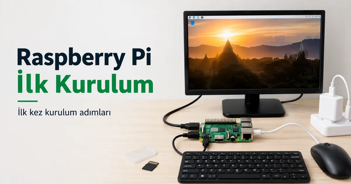 İlk kurulum için ekran, klavye, fare, depolama kartı ve güç kaynağına bağlı Raspberry Pi