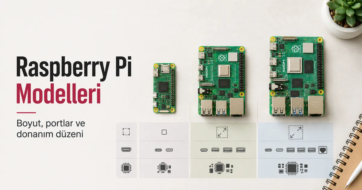 Boyut, portlar ve donanım yerleşimi açısından karşılaştırılan Raspberry Pi kartları