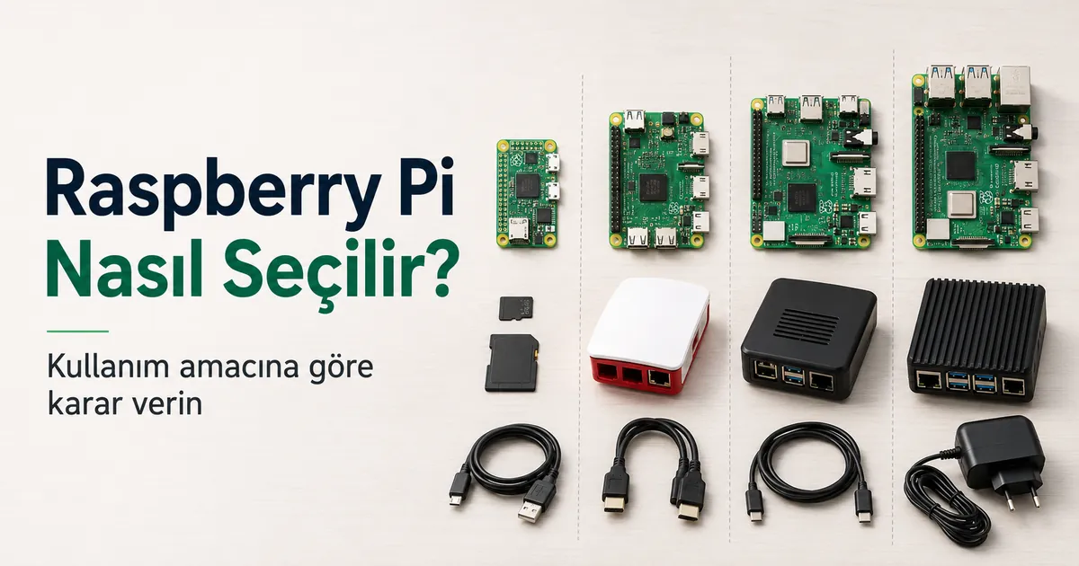 Seçim yapmak için yan yana yerleştirilmiş farklı Raspberry Pi kartları ve aksesuarları