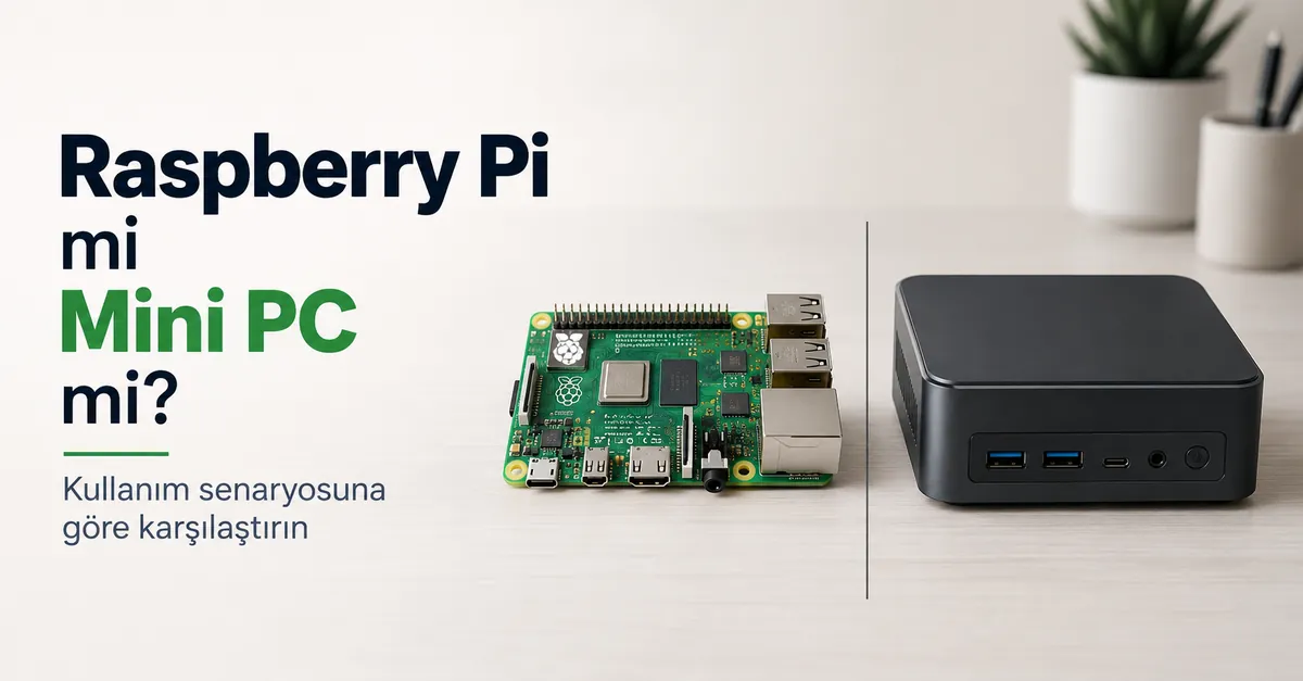 Kullanım senaryolarını karşılaştırmak için kompakt bir mini PC yanında Raspberry Pi kartı