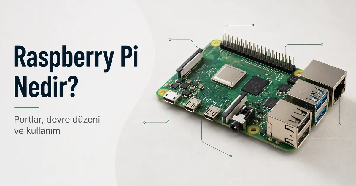 Ana portları ve devre düzeni görünen tek kartlı Raspberry Pi bilgisayarı