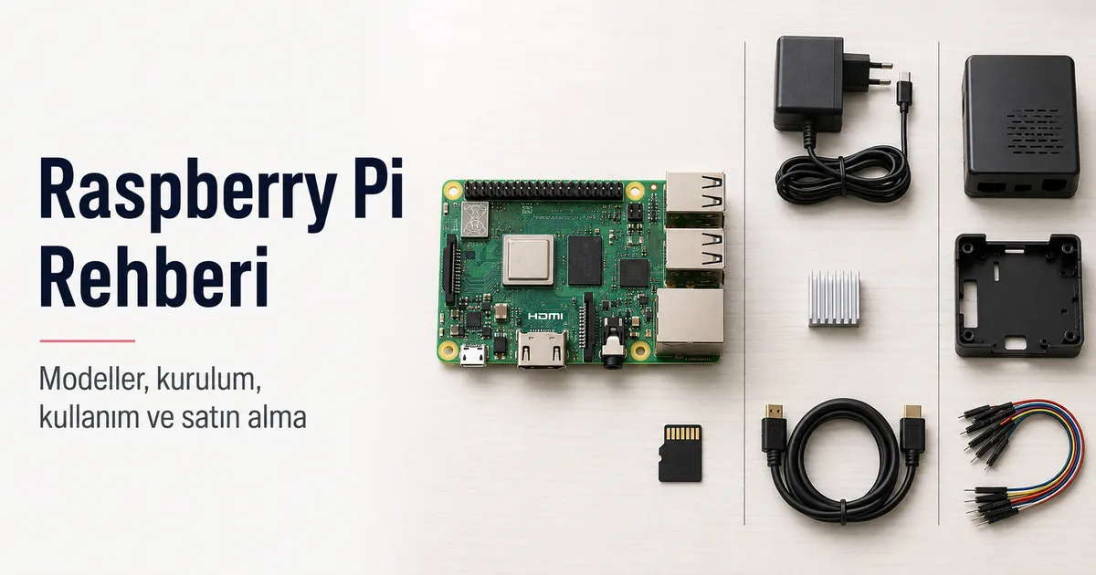 Karşılaştırma için düzenlenmiş yaygın kurulum aksesuarlarıyla Raspberry Pi kartı