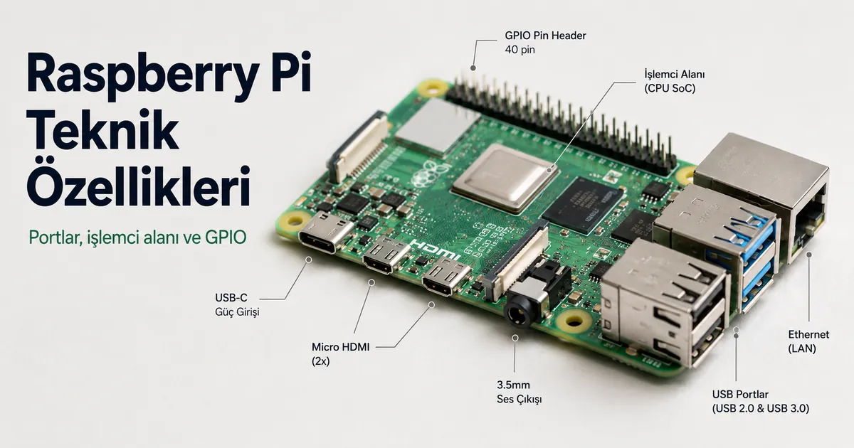 Portları, işlemci alanı ve GPIO başlığı görünen Raspberry Pi donanımının yakın görünümü