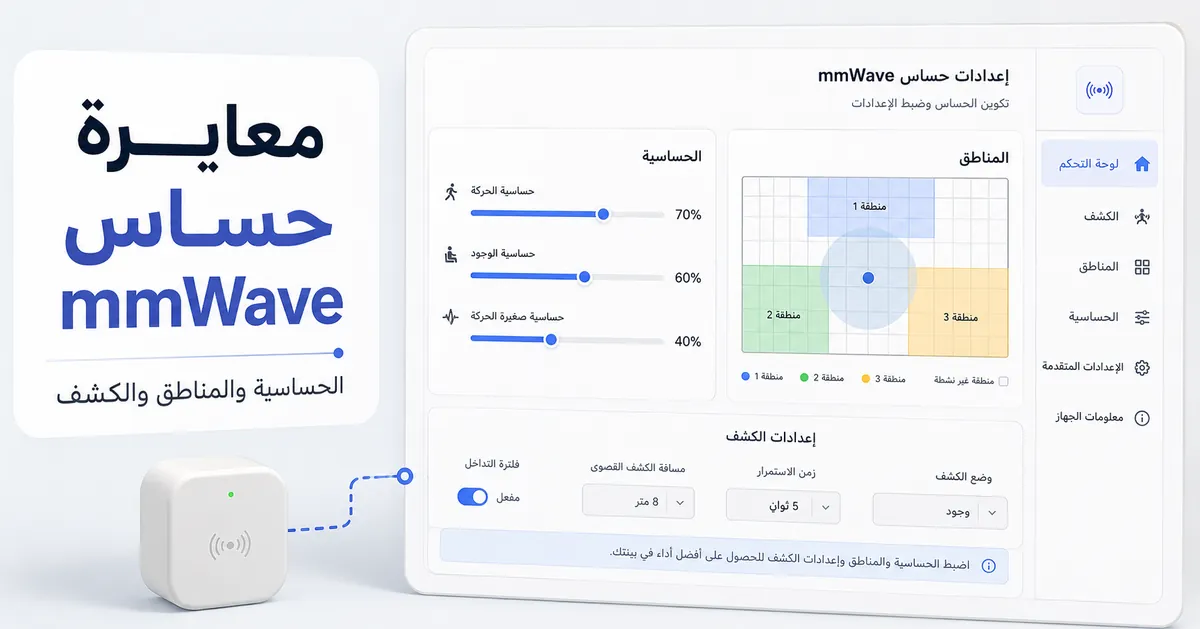 شاشة معايرة لحساس وجود mmWave تعرض إعدادات الحساسية والمناطق والكشف