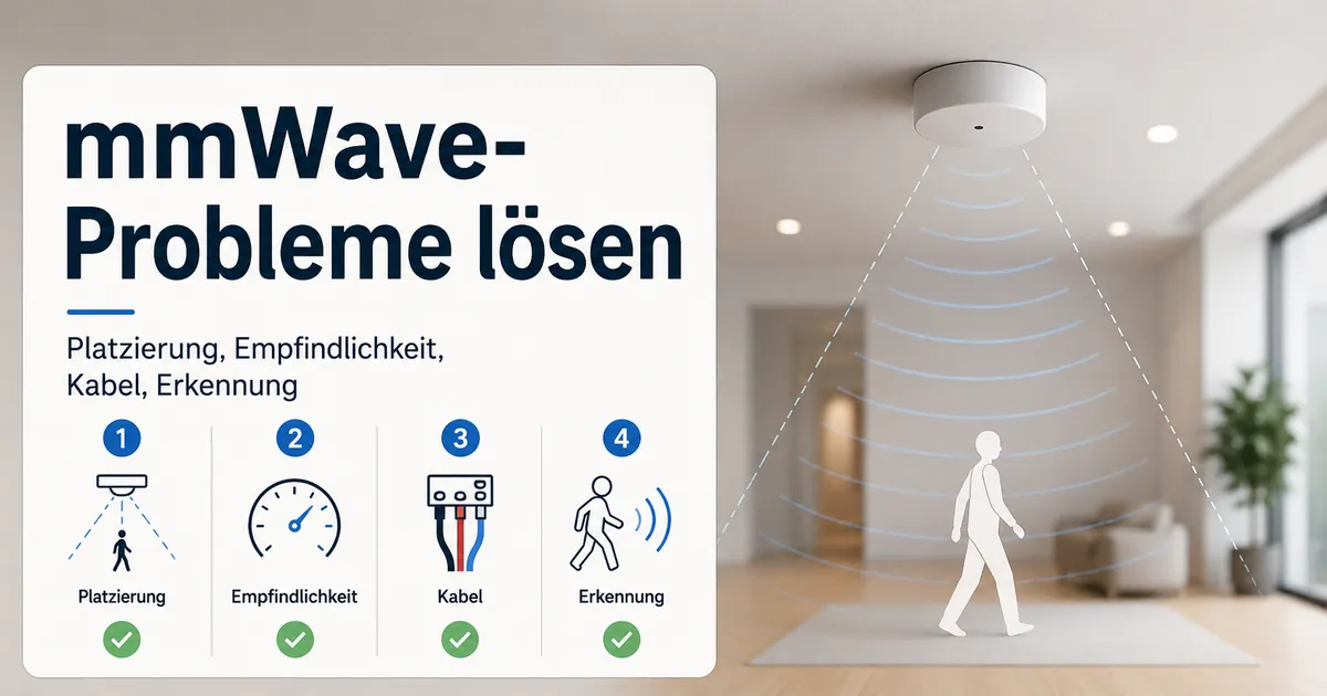 Fehlerdiagnose-Diagramm für einen mmWave-Präsenzsensor mit Prüfungen zu Platzierung, Empfindlichkeit, Verkabelung und Erkennung