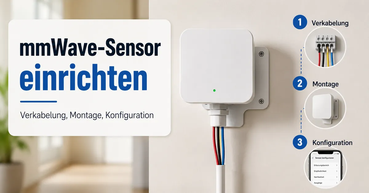 Einrichtungsansicht eines mmWave-Präsenzsensors mit Verkabelung, Montage und Konfigurationsschritten