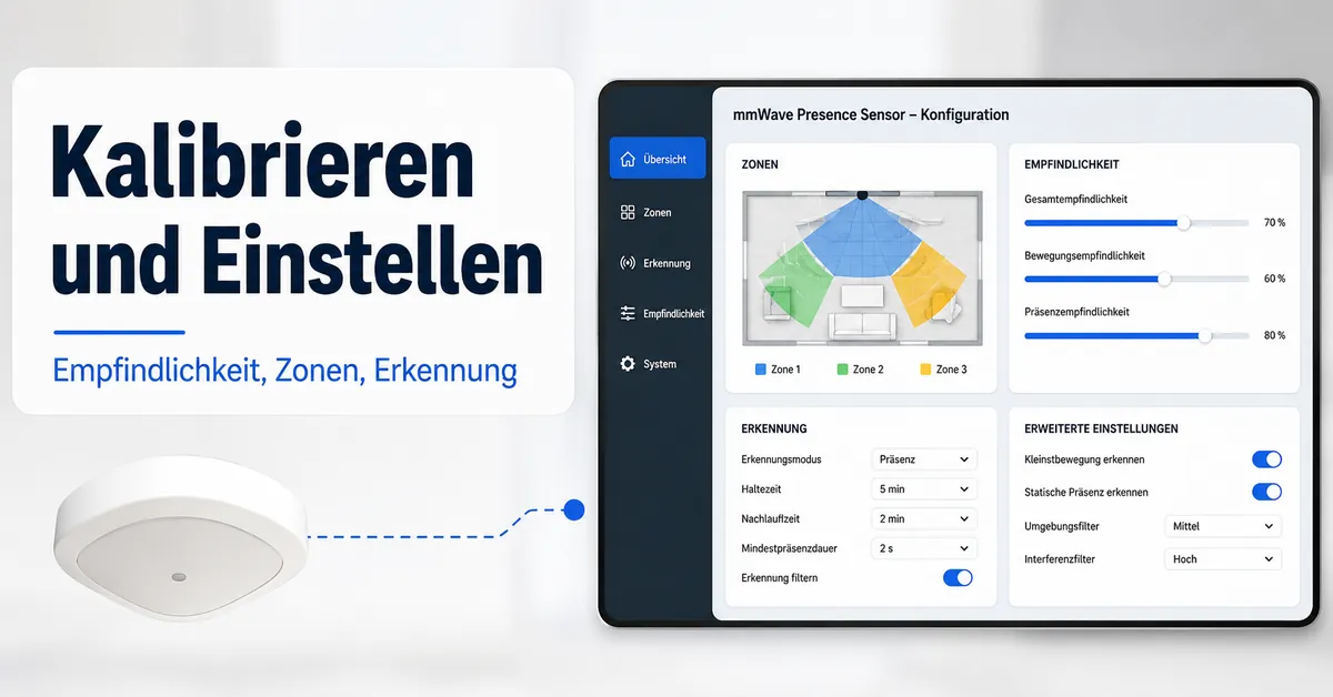 Kalibrierungsansicht eines mmWave-Präsenzsensors mit Einstellungen für Empfindlichkeit, Zonen und Erkennung