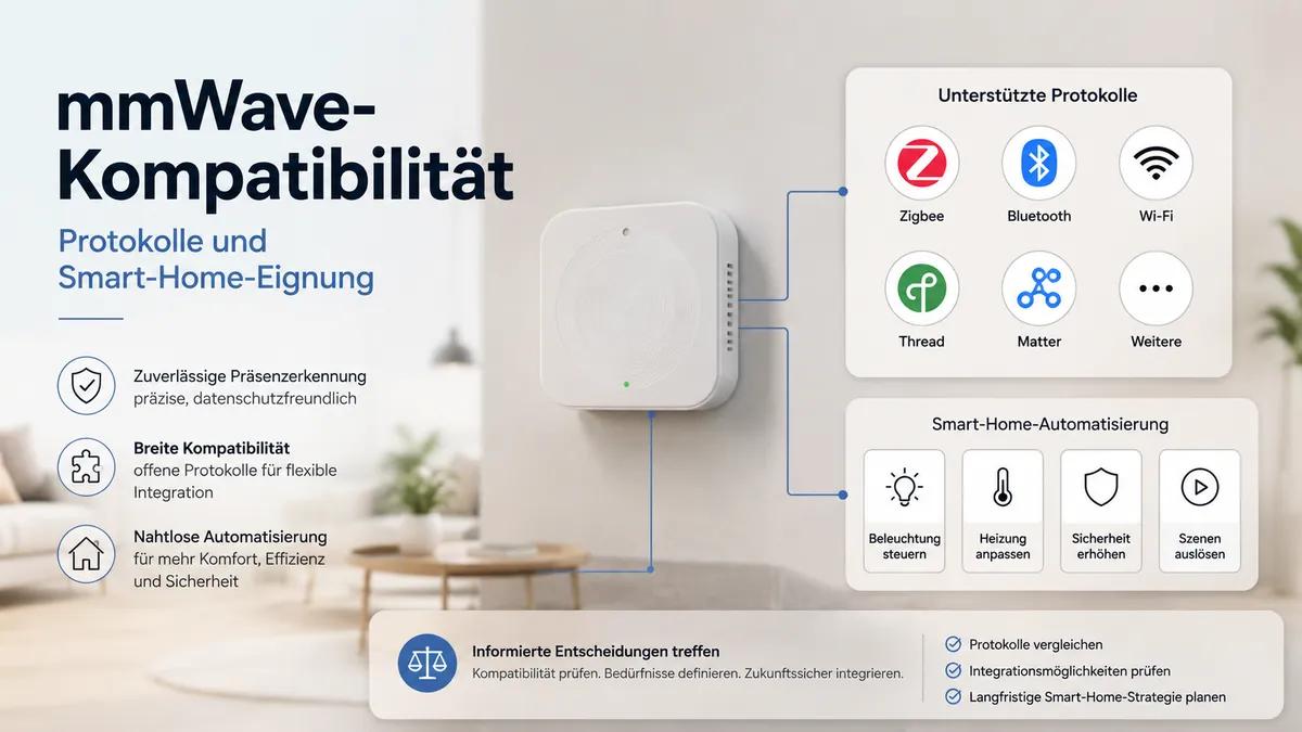 mmWave-Präsenzsensor verbunden mit Smart-Home-Protokollsymbolen und Automationssteuerungen