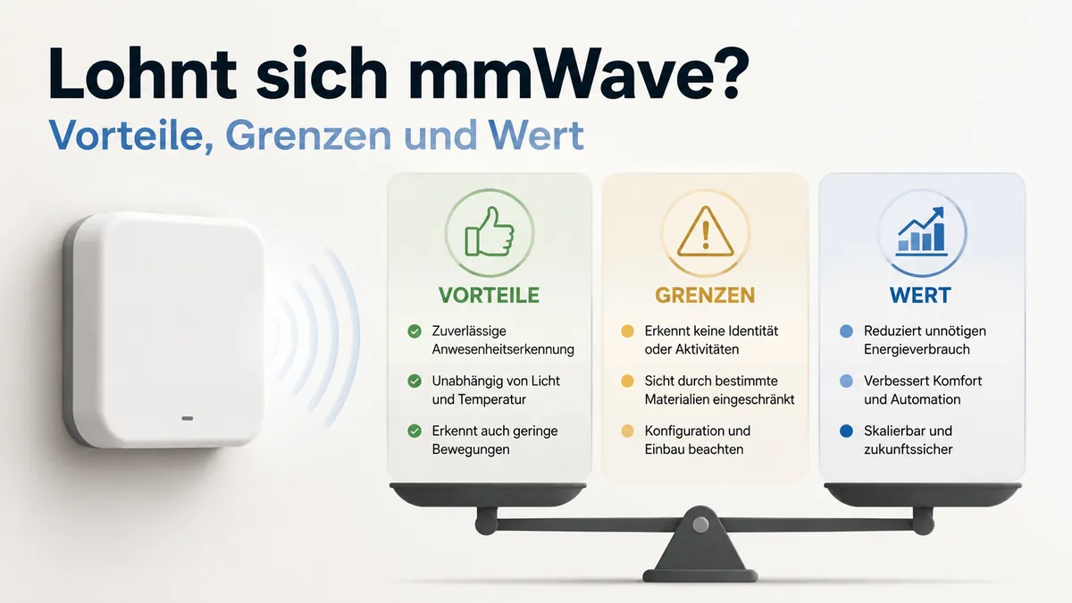 Entscheidungsgrafik zu Vorteilen, Grenzen und Wert eines mmWave-Präsenzsensors