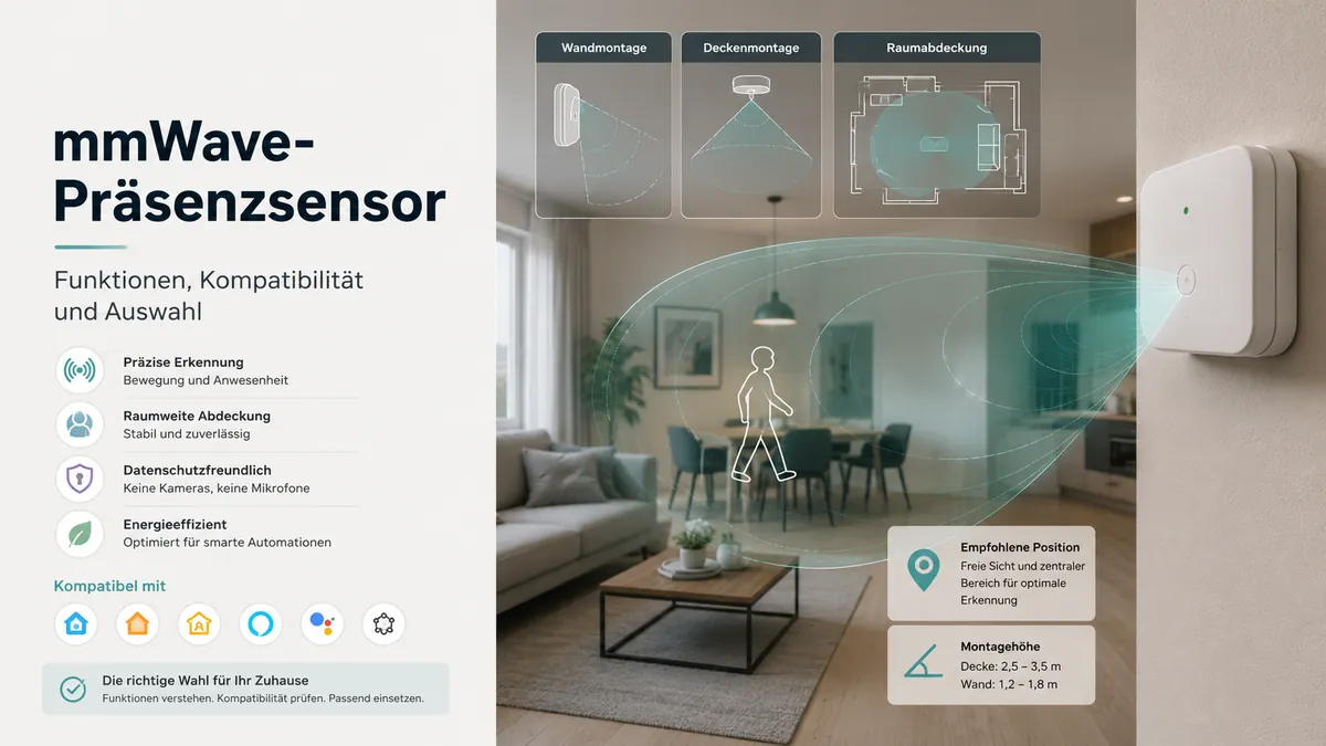 mmWave-Präsenzsensor mit Erkennungszonen, Smart-Home-Kompatibilität und Hinweisen zur Platzierung im Raum