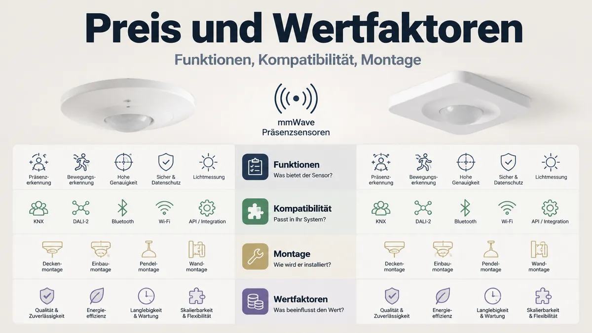 Wertvergleich eines mmWave-Präsenzsensors mit Funktionen, Kompatibilität, Montageart und Kostenfaktoren