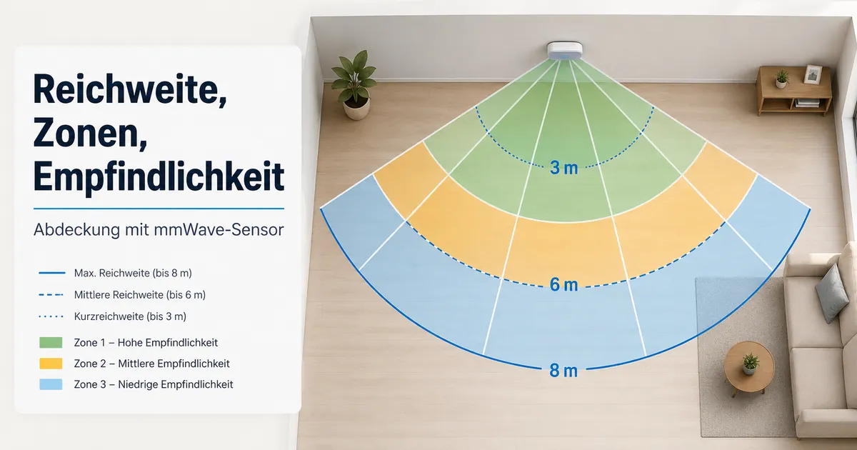 Abdeckungsdiagramm eines mmWave-Präsenzsensors mit Reichweite, Erkennungszonen und Empfindlichkeitsflächen