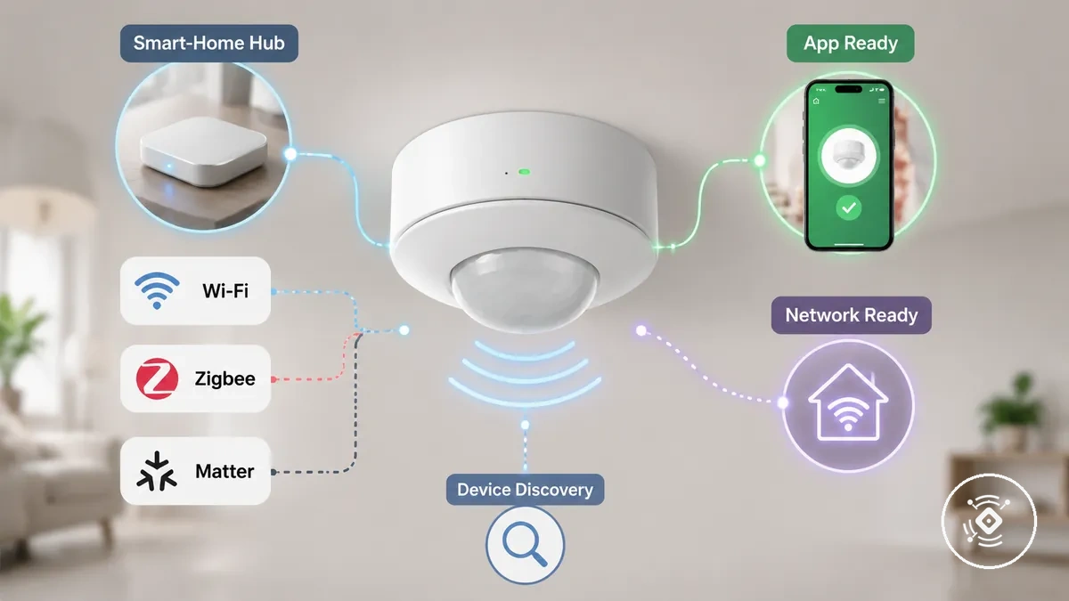 Annotiertes Beispiel mit Smart-Home-Hub, App, Netzwerkverbindung und Protokollbereitschaft für die Sensorkopplung