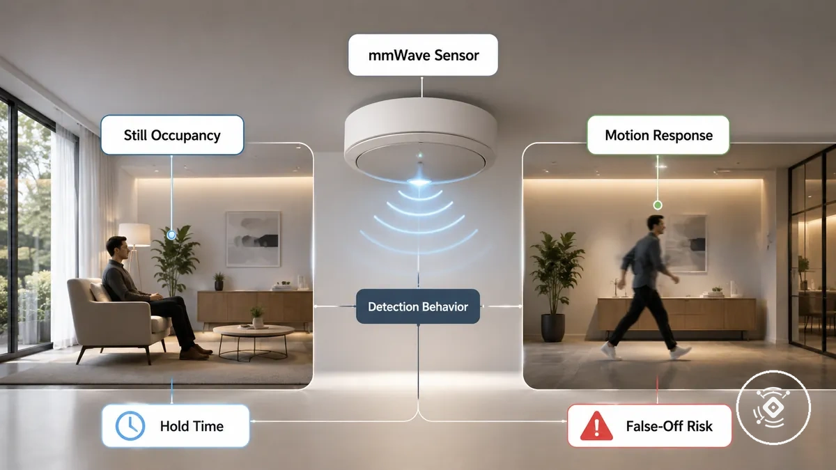 Vergleichsgrafik, die einen mmWave-Präsenzsensor für stille Belegung und Bewegungsreaktion in einem Raum zeigt