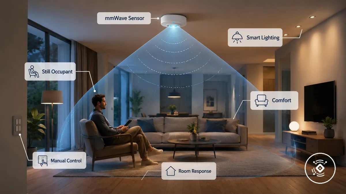 Vorteile eines mmWave-Präsenzsensors in einem Smart-Home-Raum mit Erkennung stiller Anwesender und Automationsreaktion