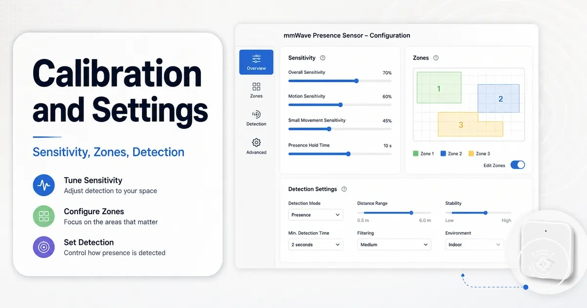 Calibration screen for a mmWave presence sensor showing sensitivity, zones, and detection settings