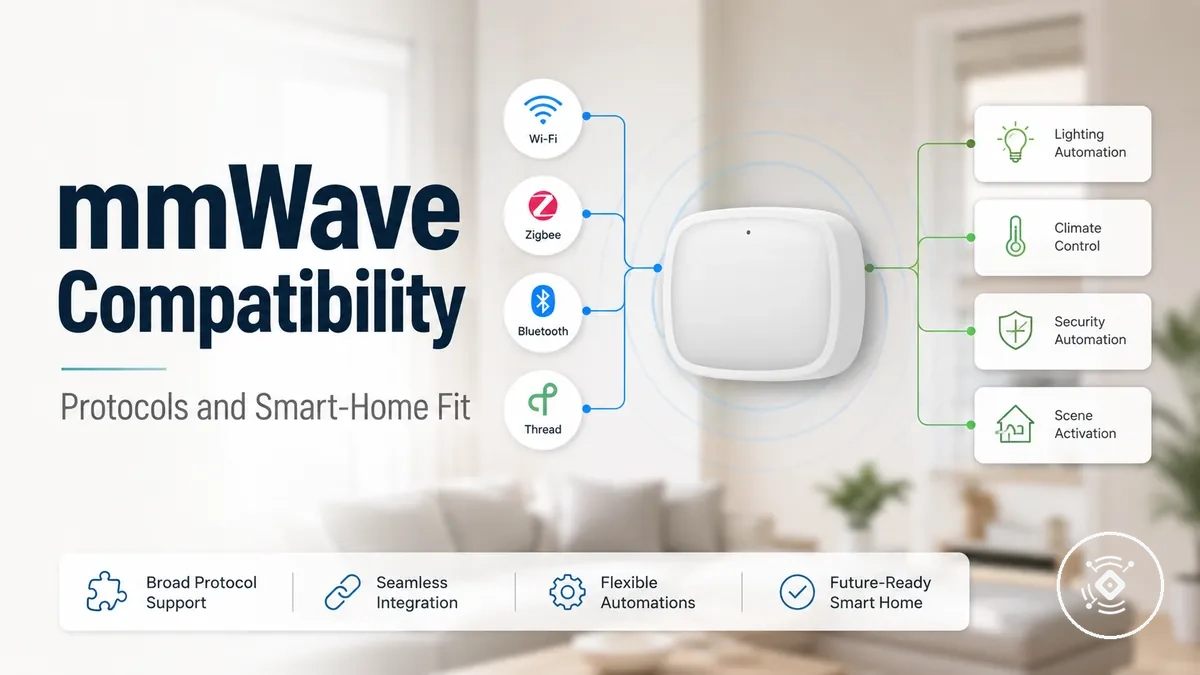 A mmWave presence sensor connected to smart-home protocol icons and automation controls