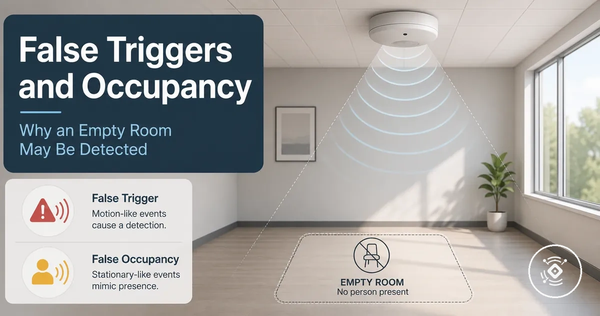 A mmWave presence sensor detecting an empty room with false trigger and false occupancy indicators