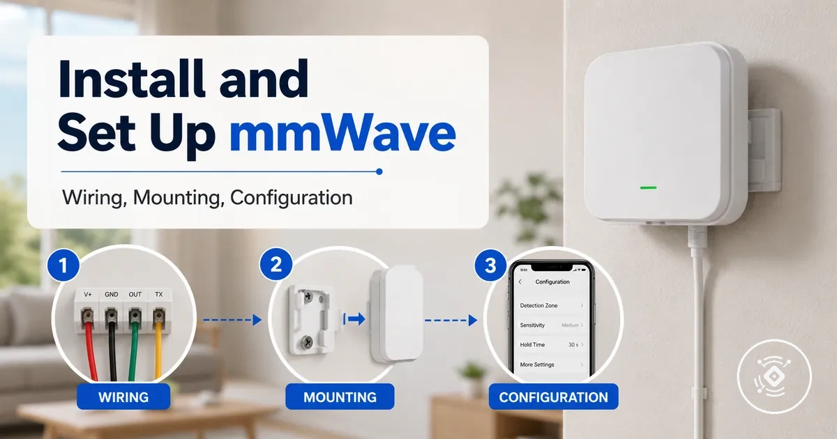 Installation setup view of a mmWave presence sensor with wiring, mounting, and configuration steps