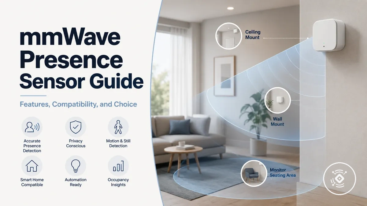 A mmWave presence sensor shown with detection zones, smart-home compatibility, and room placement cues