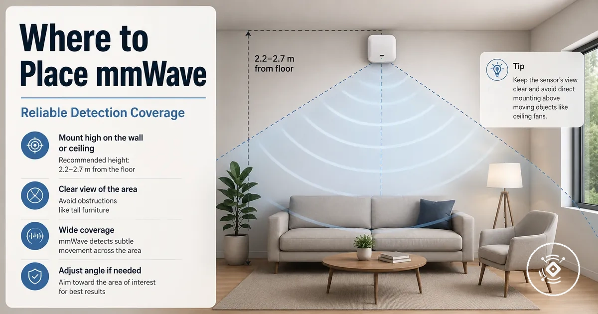 Room placement diagram showing a mmWave presence sensor mounted for reliable detection coverage