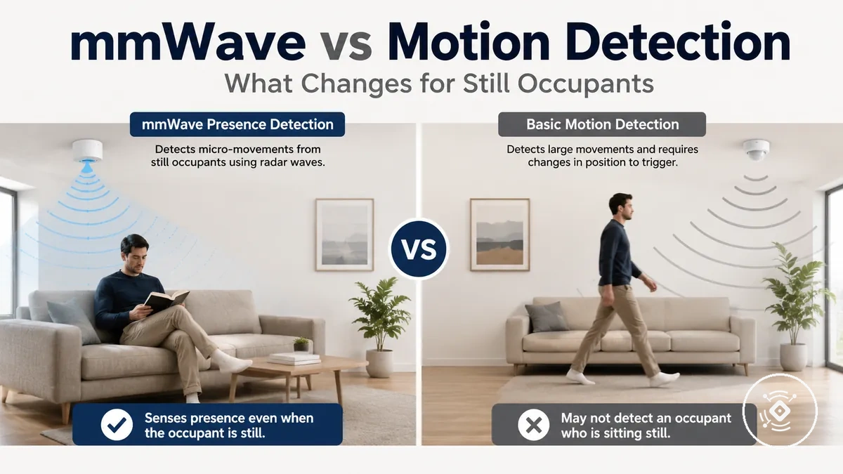 Comparison graphic showing mmWave presence detection for still occupants versus basic motion detection