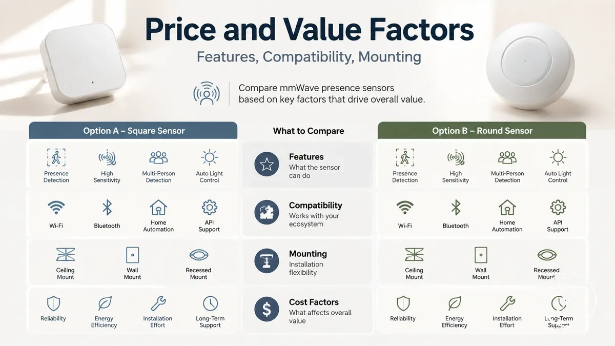 A mmWave presence sensor value comparison showing features, compatibility, mounting style, and cost factors