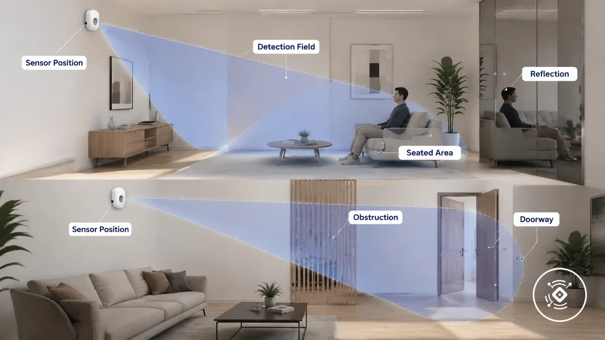 Diagram showing how mmWave sensor placement changes room detection coverage