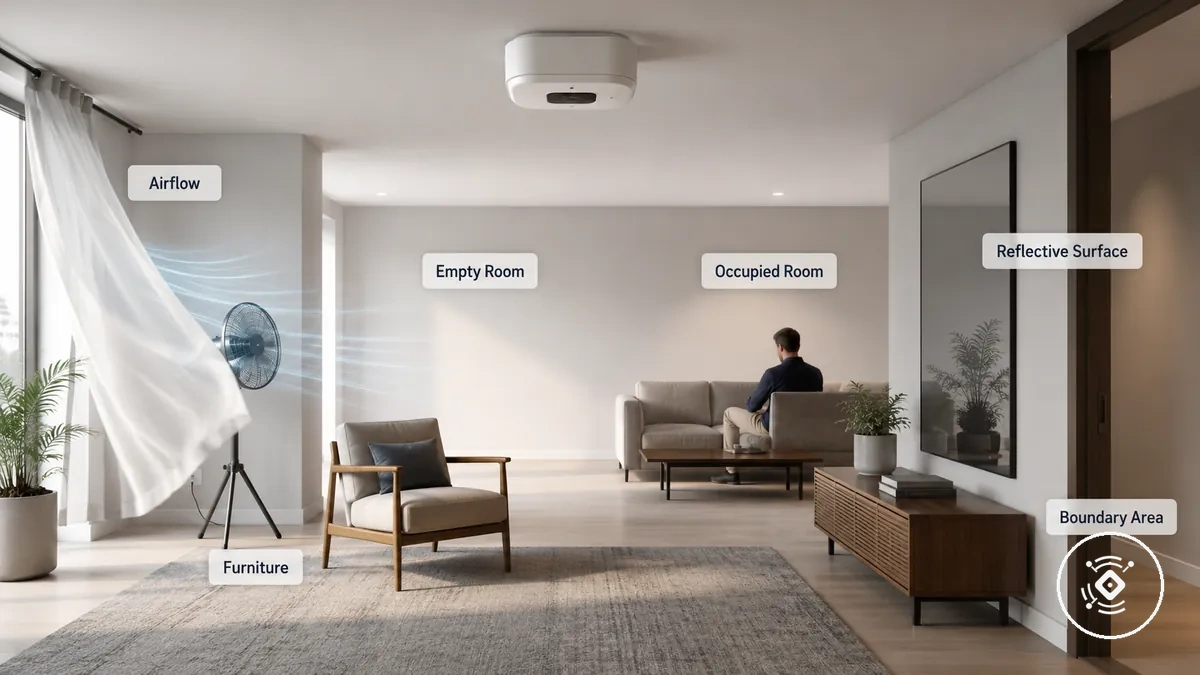 Room conditions before mmWave presence sensor calibration showing furniture, moving objects, reflective surfaces, and boundary areas