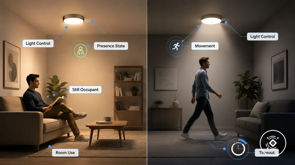 Presence-based lighting compared with motion-triggered lighting in a room