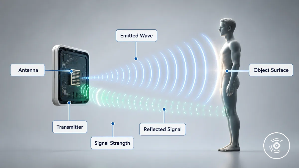 Diagram of emitted radio waves and reflected signals from a mmWave presence sensor.