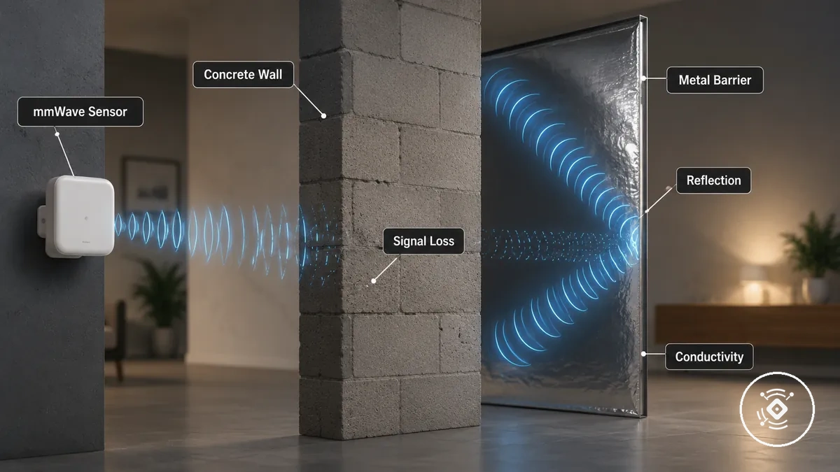 Comparison graphic of dense walls and metallic barriers reducing or reflecting mmWave sensor signals