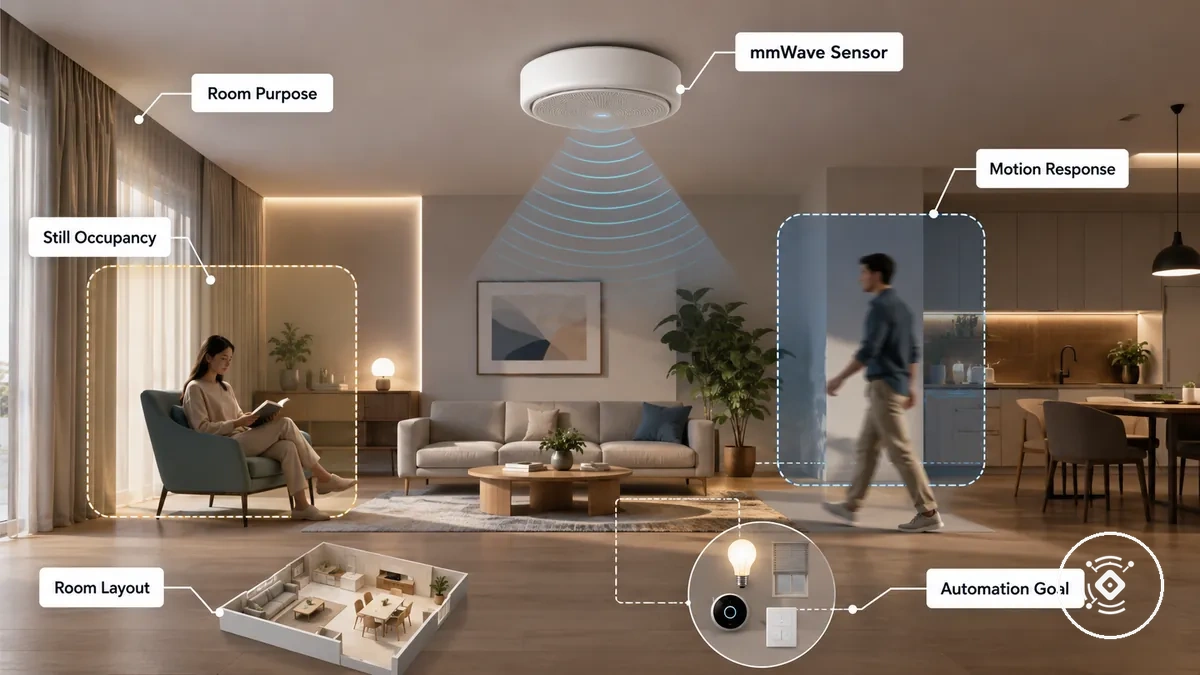 Diagram showing a mmWave presence sensor matched to different room outcomes and detection needs