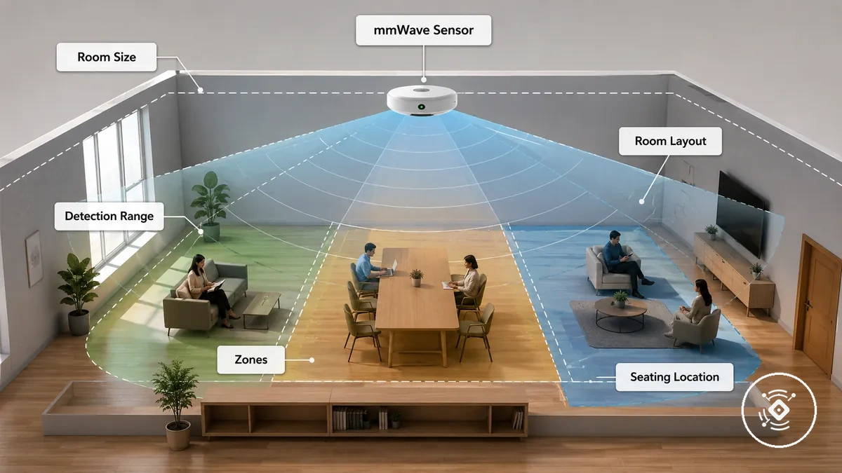 Diagram showing a mmWave presence sensor matched to room size layout and occupancy pattern