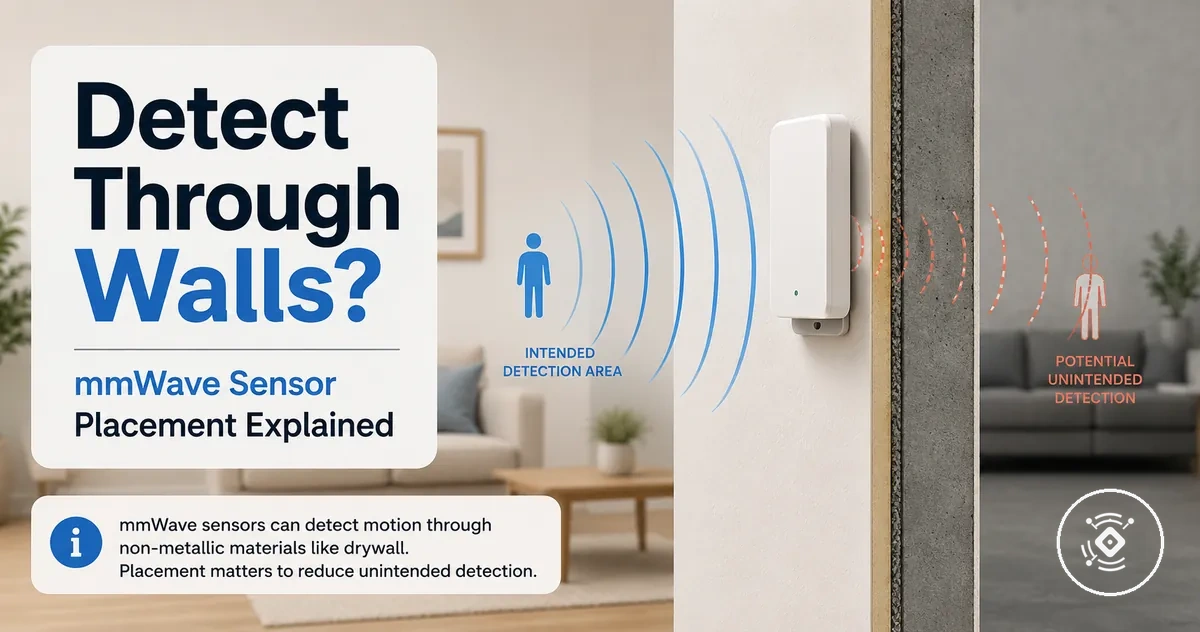 A mmWave presence sensor near an interior wall showing possible unintended detection beyond the room