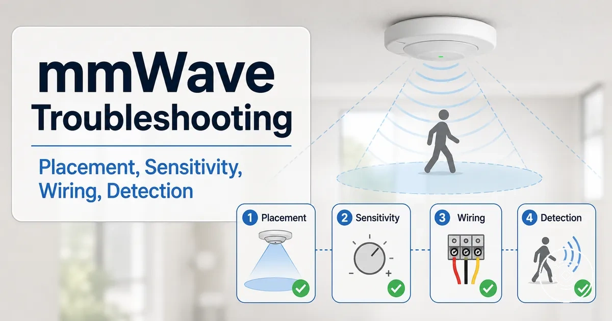 Troubleshooting diagram for a mmWave presence sensor showing placement, sensitivity, wiring, and detection checks